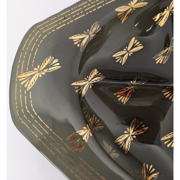 Vintage Black Divided Glass Tray with Gold Dragonfly Design – Mid Century Modern - Picture 3 of 5